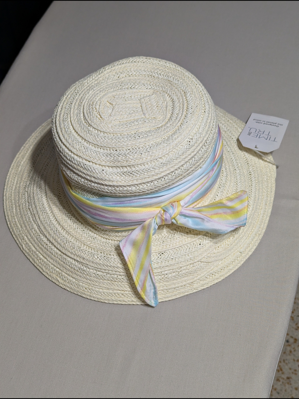 Three Bird Nest Women's Cream Straw Sun Hat with Pastel Scarf